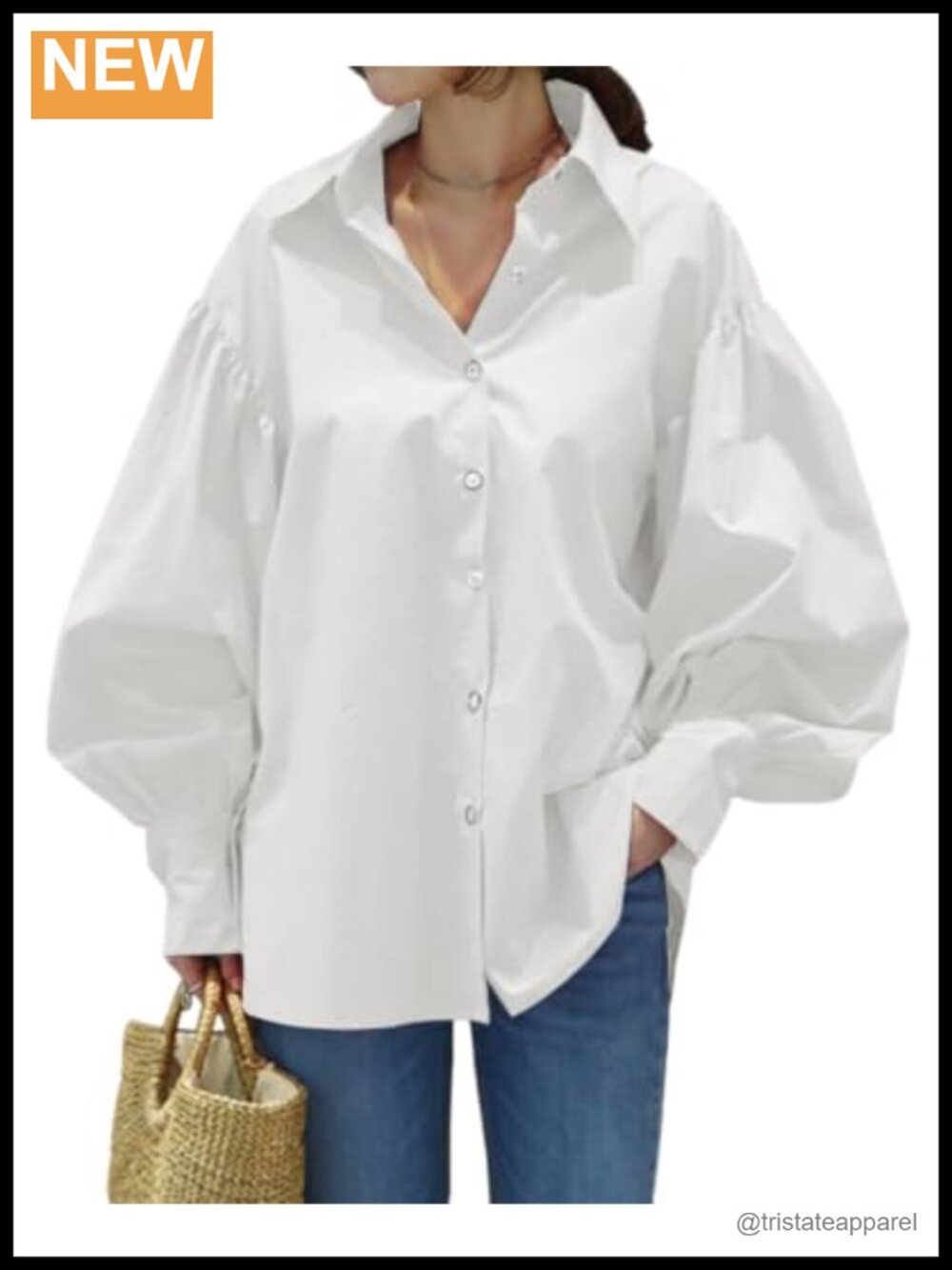 Women's Cotton Button Down Shirt Lantern Sleeve Relaxed Fit Blouse